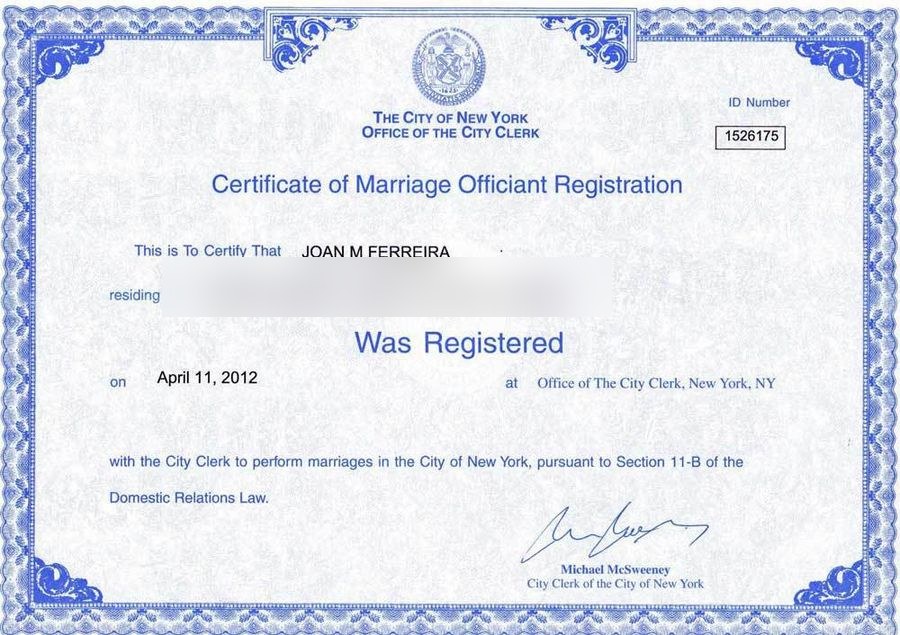 Certificado de registro como oficiante de matrimonios de la Ciudad de Nueva York
